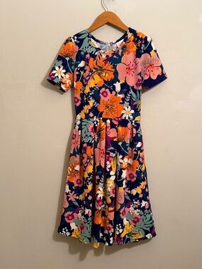 LuLaRoe Amelia Dress Small Floral Fit & Flare Navy Orange Pink Short Sleeve